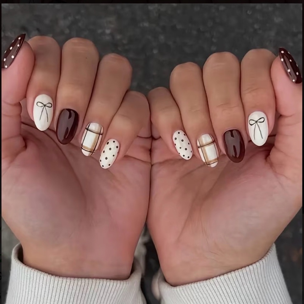 🤎🎀 24 Pack Brown, Cream & Plaid Press-On Nails | Chic Bow & Polka Dot Design 💅✨
